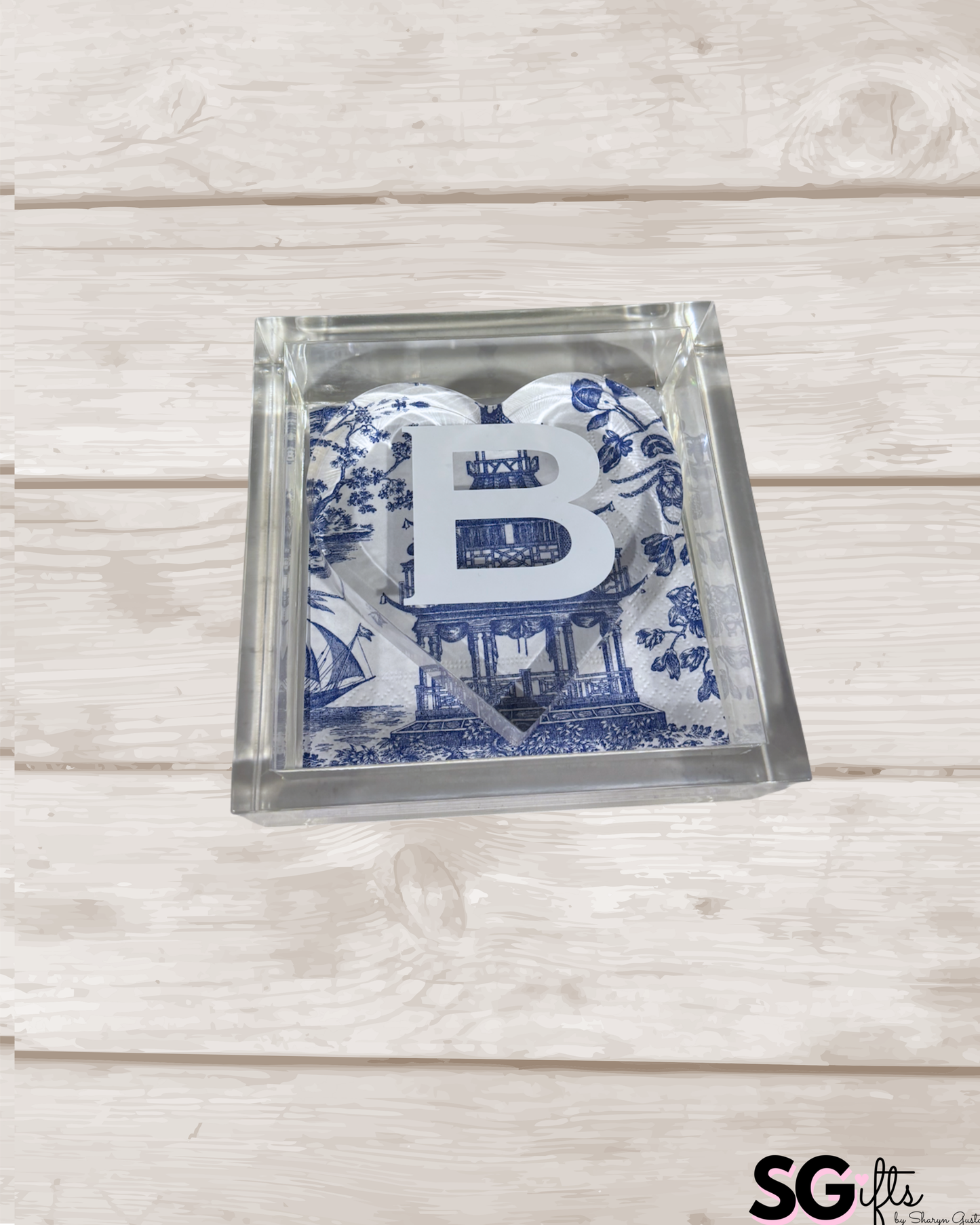 Personalized 6” x 6” acrylic cocktail napkin holder with one letter monogram acrylic heart weight