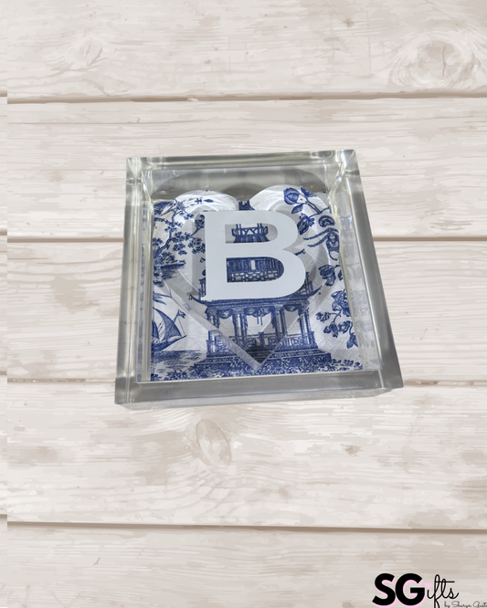Personalized 6” x 6” acrylic cocktail napkin holder with one letter monogram acrylic heart weight