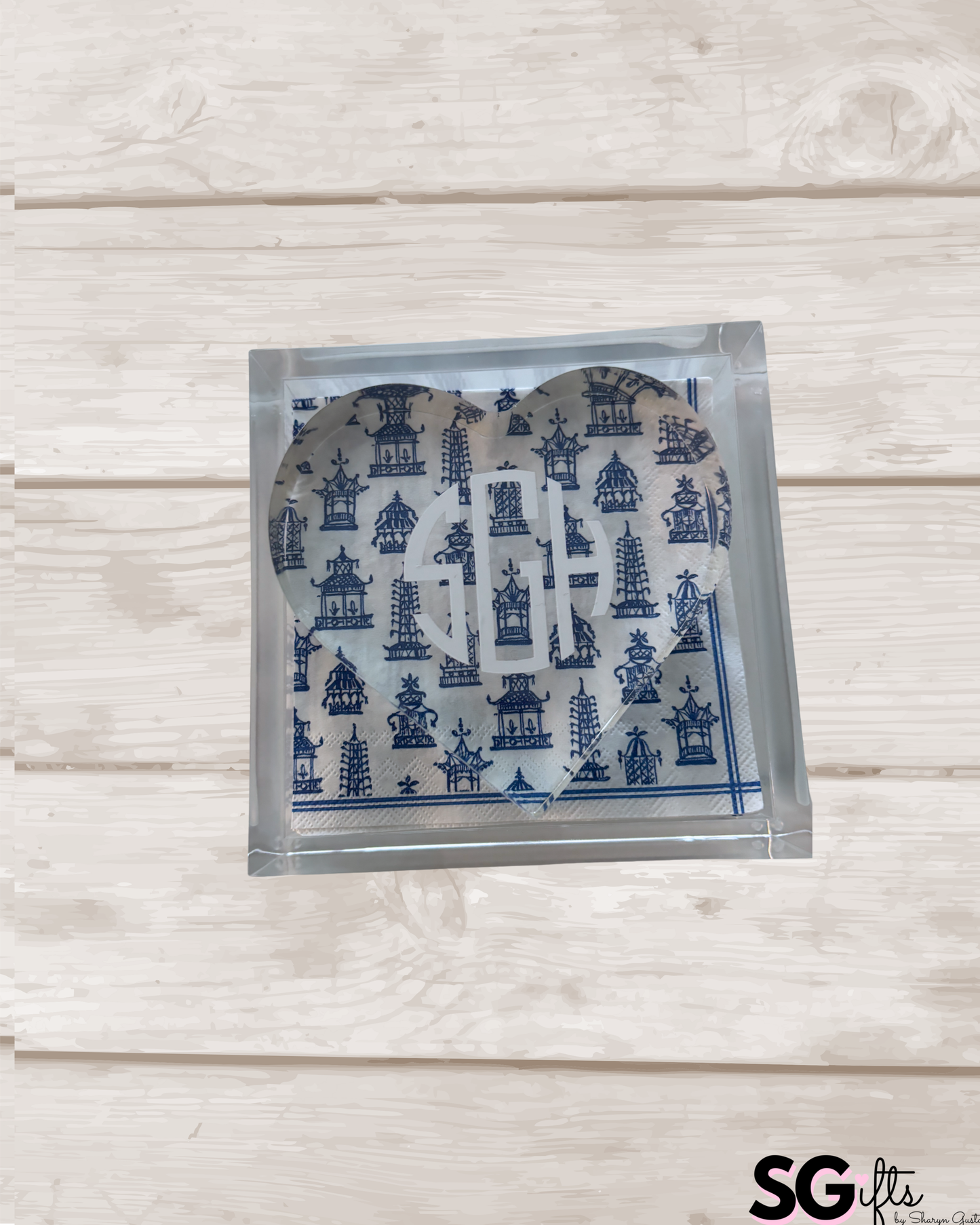 6” x 6” acrylic cocktail napkin holder with modern monogram personalized acrylic heart weight