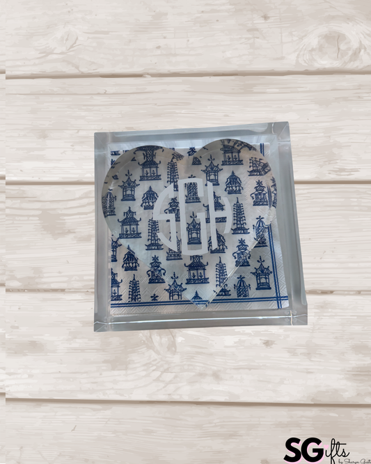 6” x 6” acrylic cocktail napkin holder with modern monogram personalized acrylic heart weight