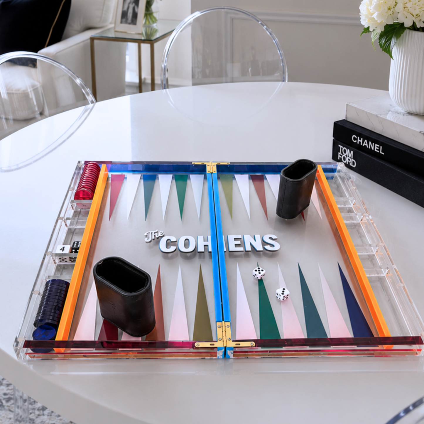 Personalized multi colored acrylic backgammon set