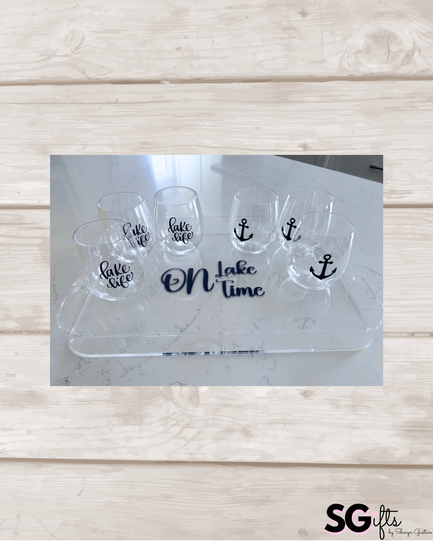 Personalized Acrylic Tray & Stemless Wine Glass Set - Lake Life