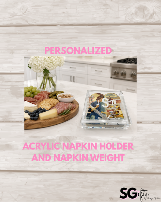 Personalized 6” x 6” acrylic cocktail napkin holder with acrylic heart weight