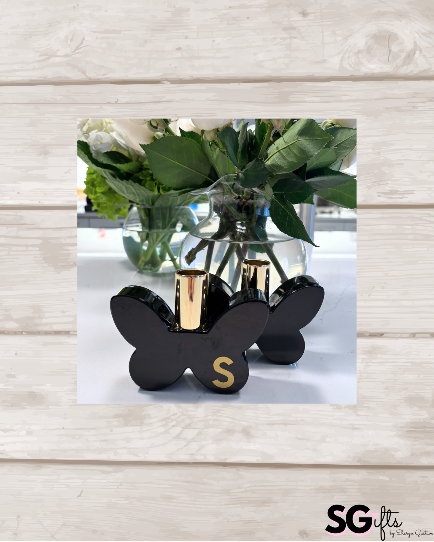 Personalized set of 3" crystal butterfly candle stick holders- black crystal