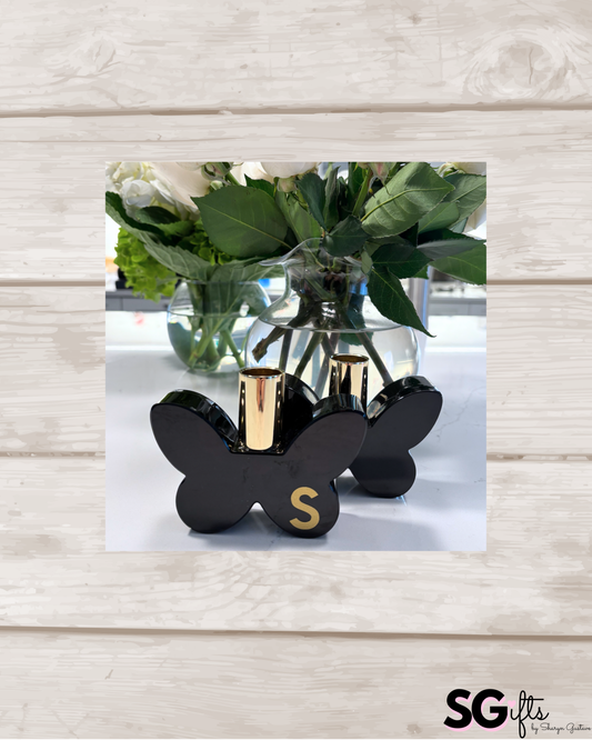 Personalized set of 3" crystal butterfly candle stick holders- black crystal