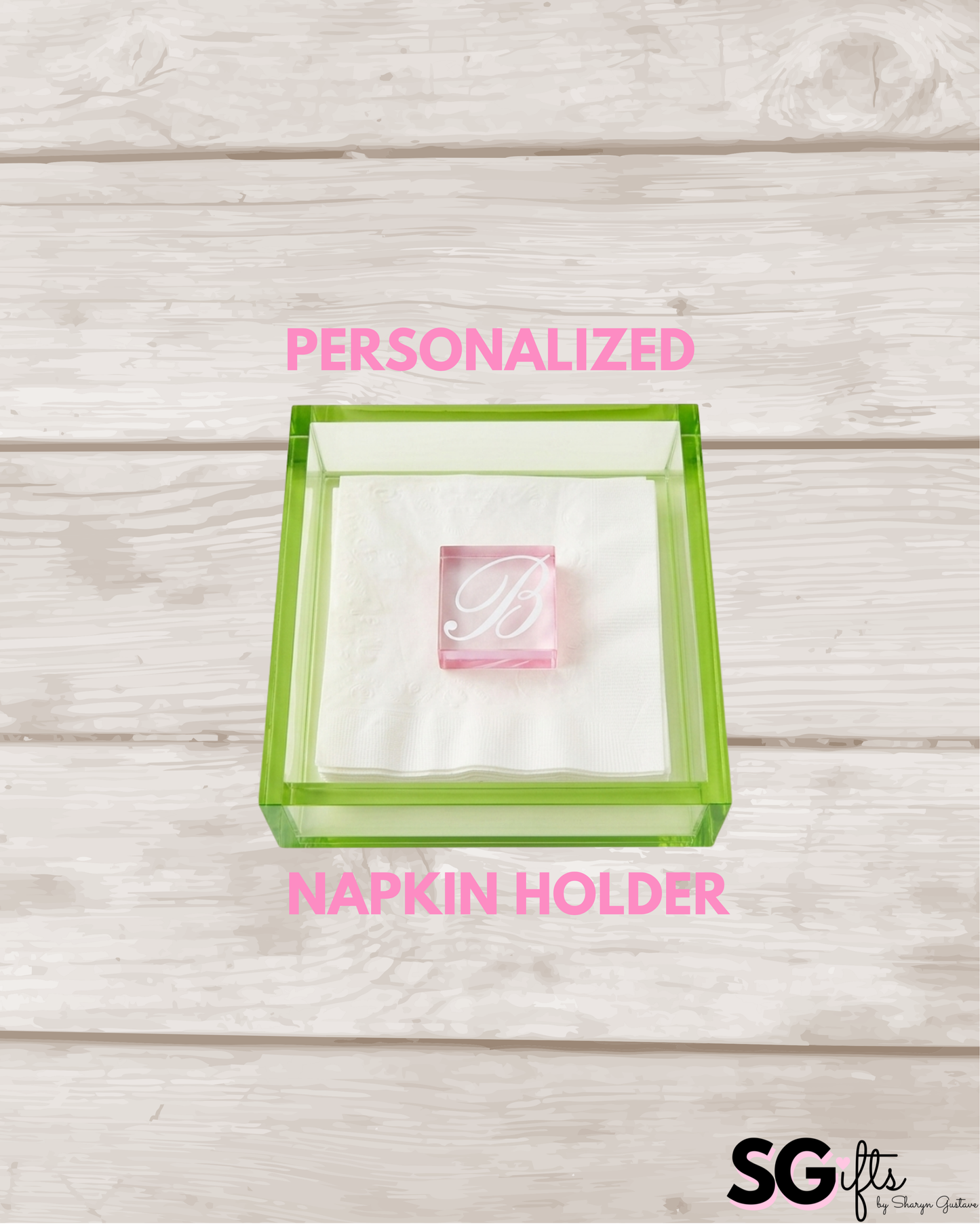 Personalized Acrylic 7.5" x 7.5" luncheon napkin holder with square weight- bar decor pink/green