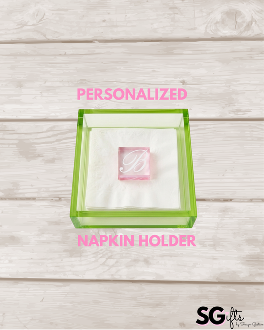 Personalized Acrylic 7.5" x 7.5" luncheon napkin holder with square weight- bar decor pink/green