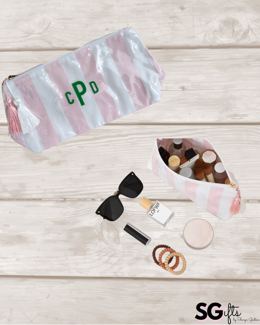 Personalized coated travel makeup bag with tassel closure- pale pink/white