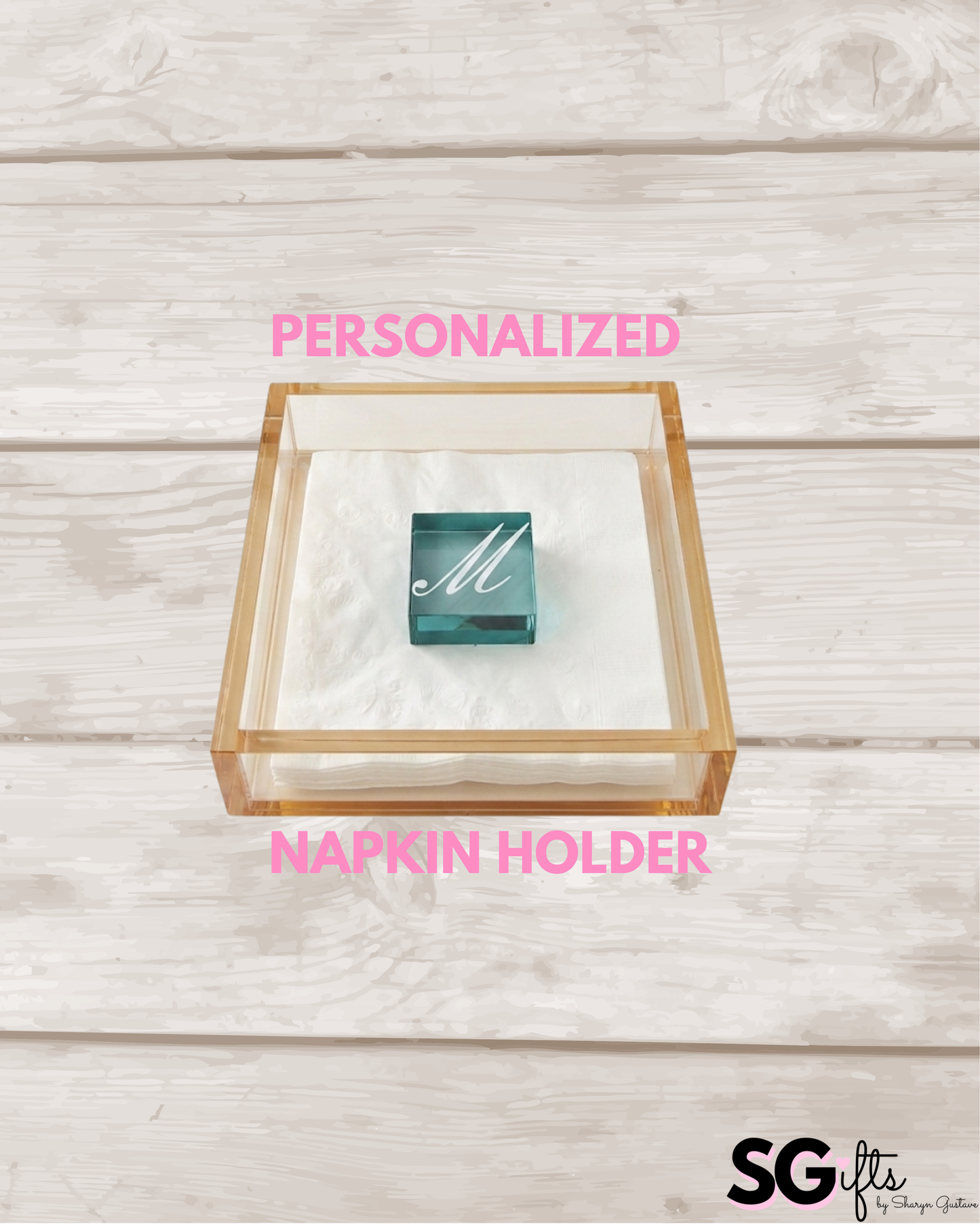 Personalized Acrylic 7.5" x 7.5" luncheon napkin holder with square weight- bar decor amber/teal