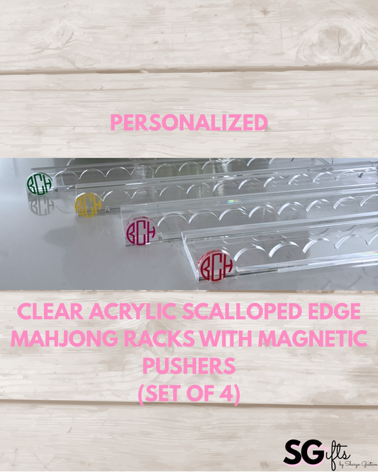 Personalized clear acrylic 17.5" scalloped edge mahjong racks- set of 4