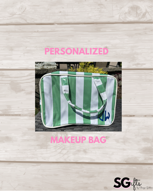 Personalized coated makeup bag with tassle closure-green/white-  x large