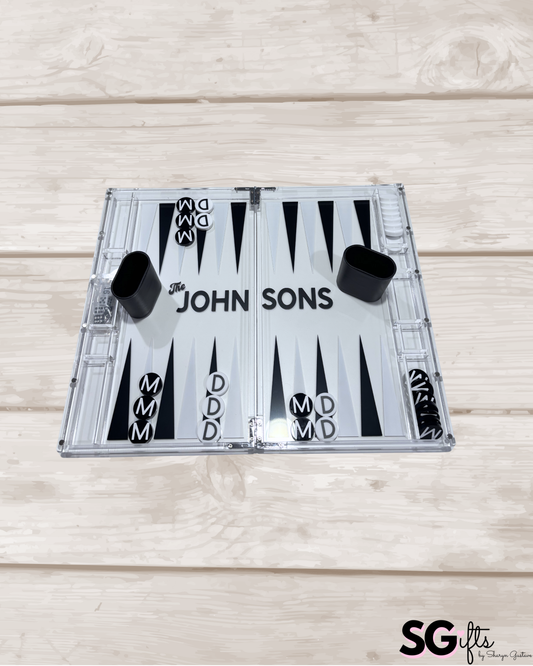 Personalized acrylic backgammon set with tiles monogrammed- clear, black and white-14" game board