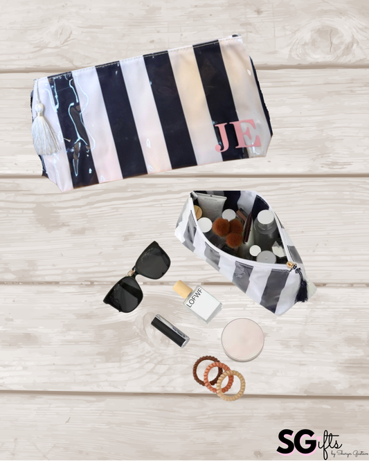 Personalized coated travel makeup bag with tassel closure- navy / white