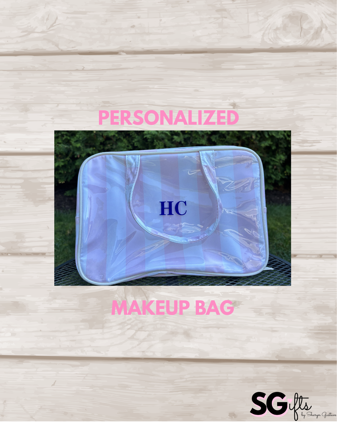 Personalized coated makeup bag with tassle closure-pale pink/white-  x large