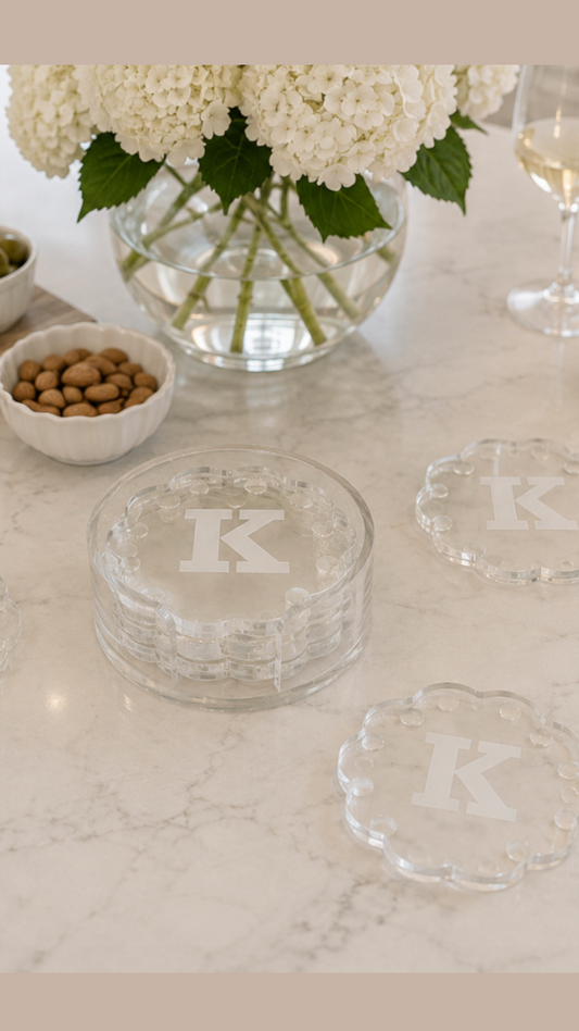 Personalized acrylic scalloped coasters - set of 4