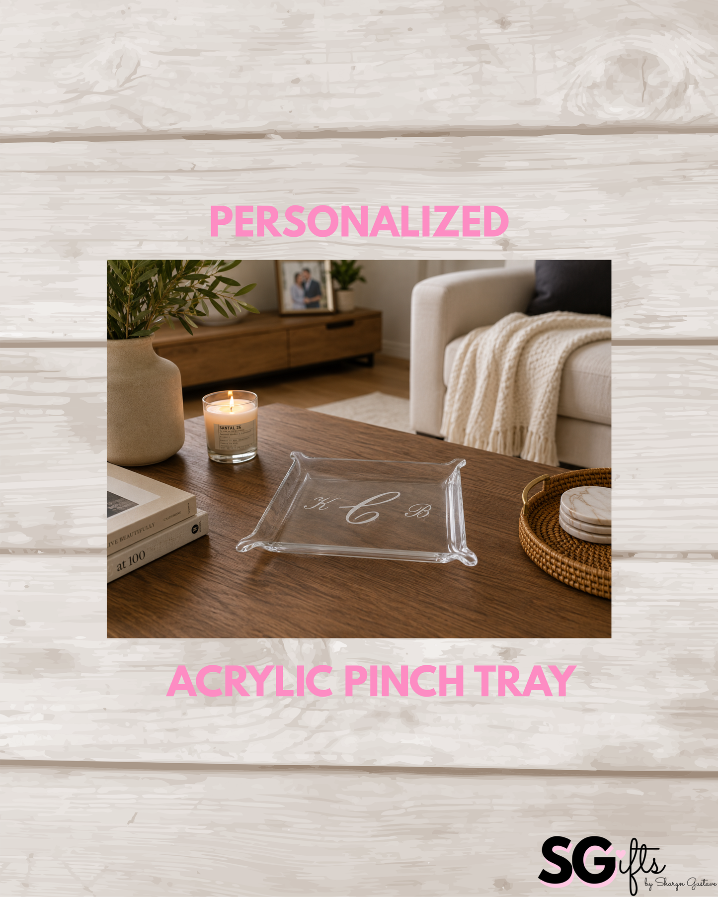 Personalized classic 6" x 8" romantic monogrammed acrylic pinch tray