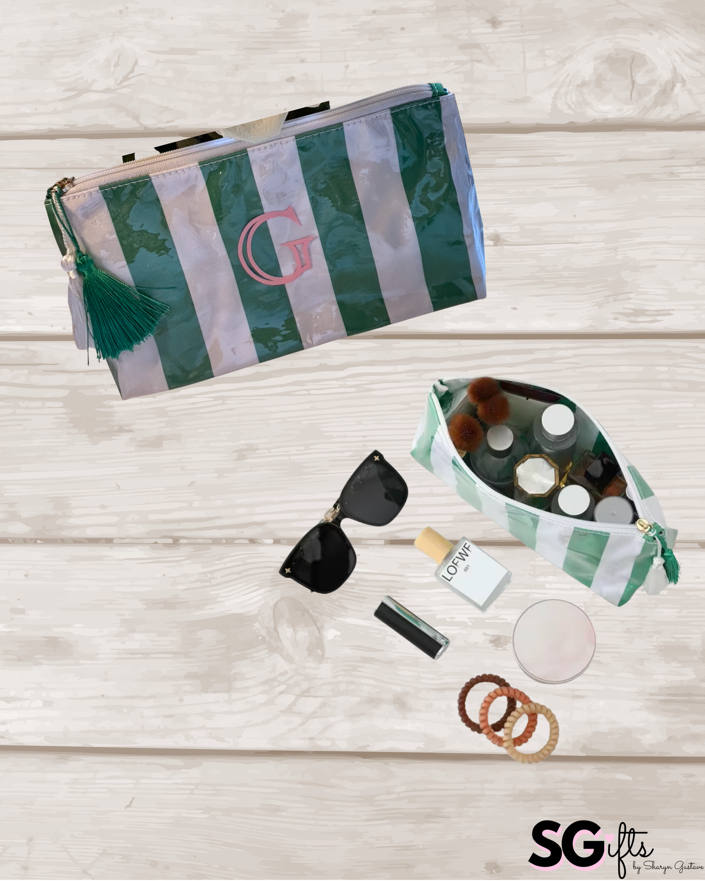 Personalized coated travel makeup bag with tassel closure- green/white- medium