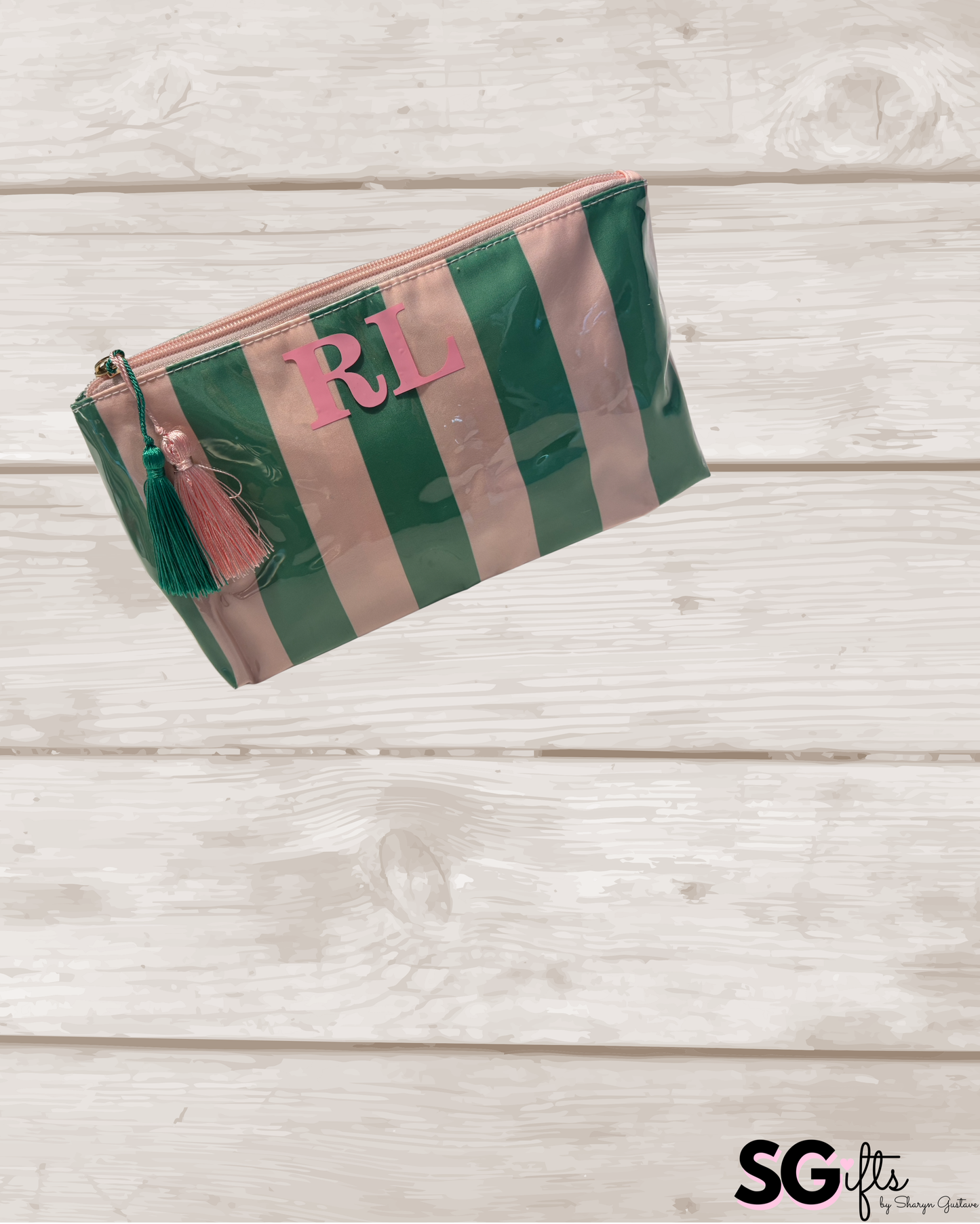 Personalized coated travel makeup bag with tassel closure- pale pink/ green