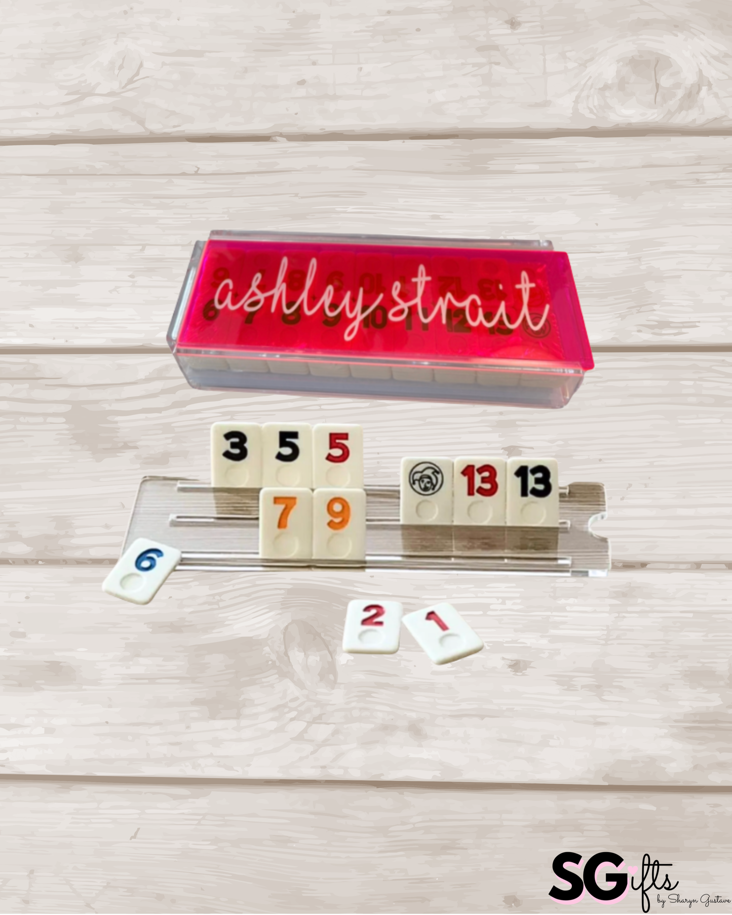 Personalized acrylic rummikub set - transparent hot pink