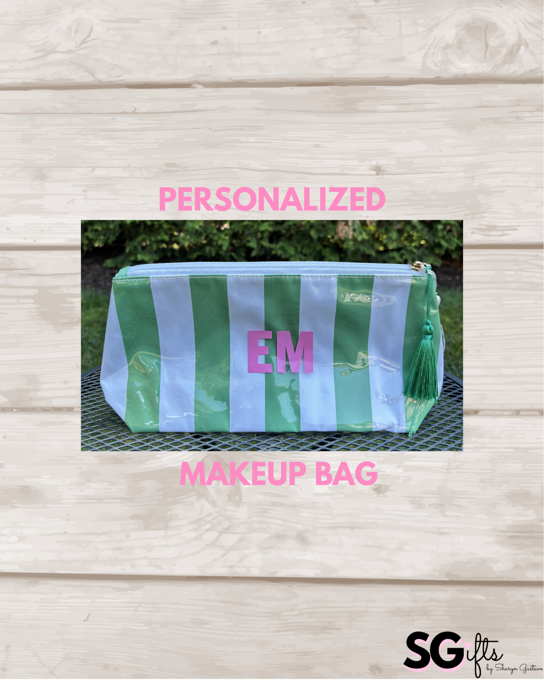 Personalized coated travel makeup bag with tassel closure- green/white- medium