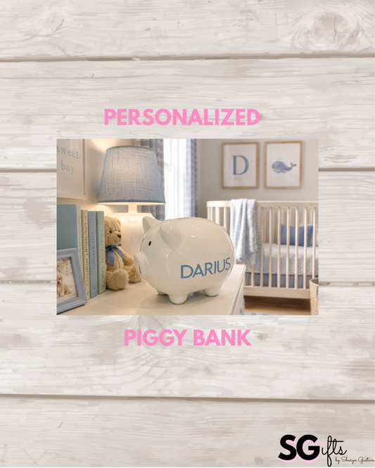 Personalized white ceramic piggy bank 6" x 4.5" x 5"