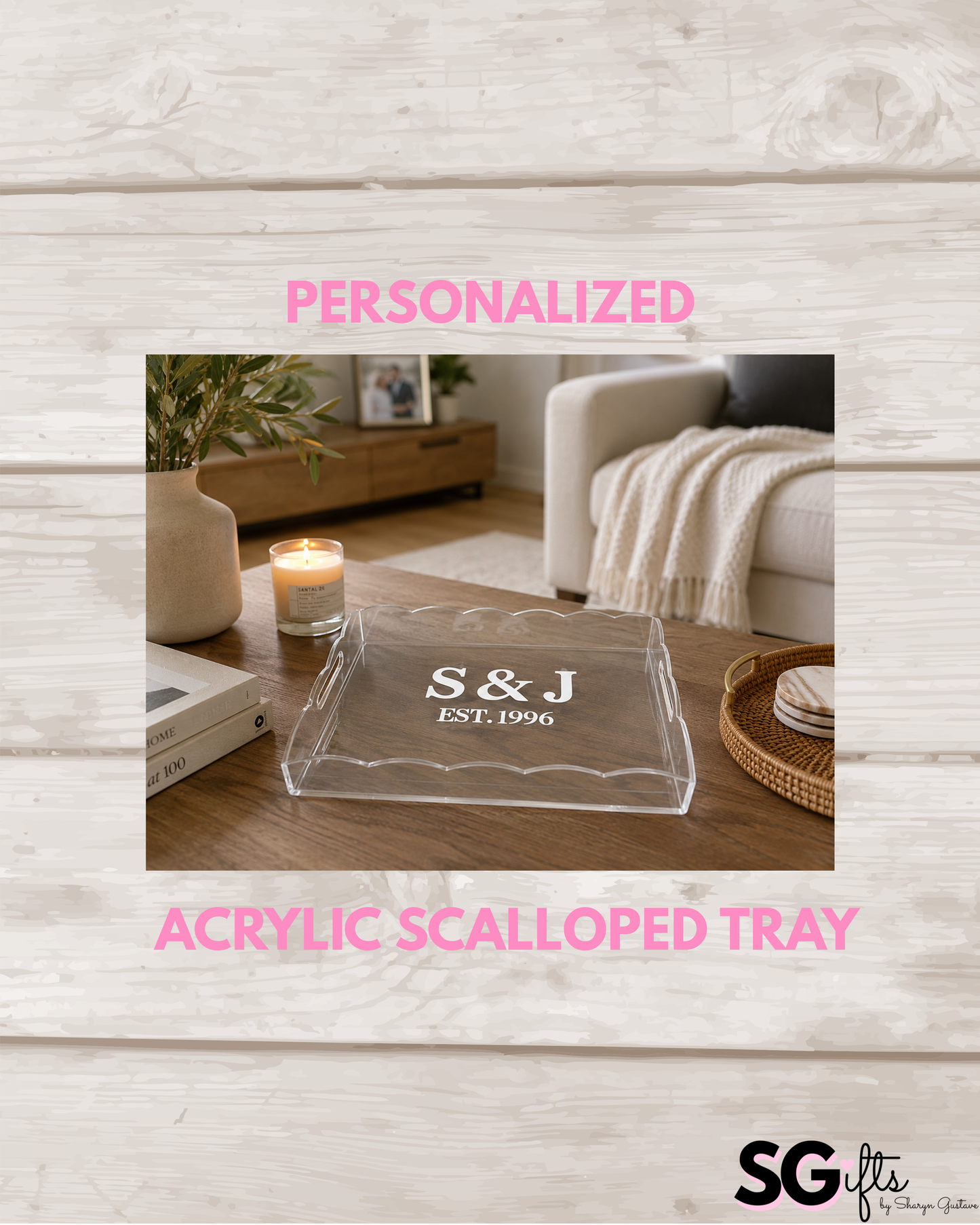 Personalized 12" x 16" clear scalloped edge acrylic tray