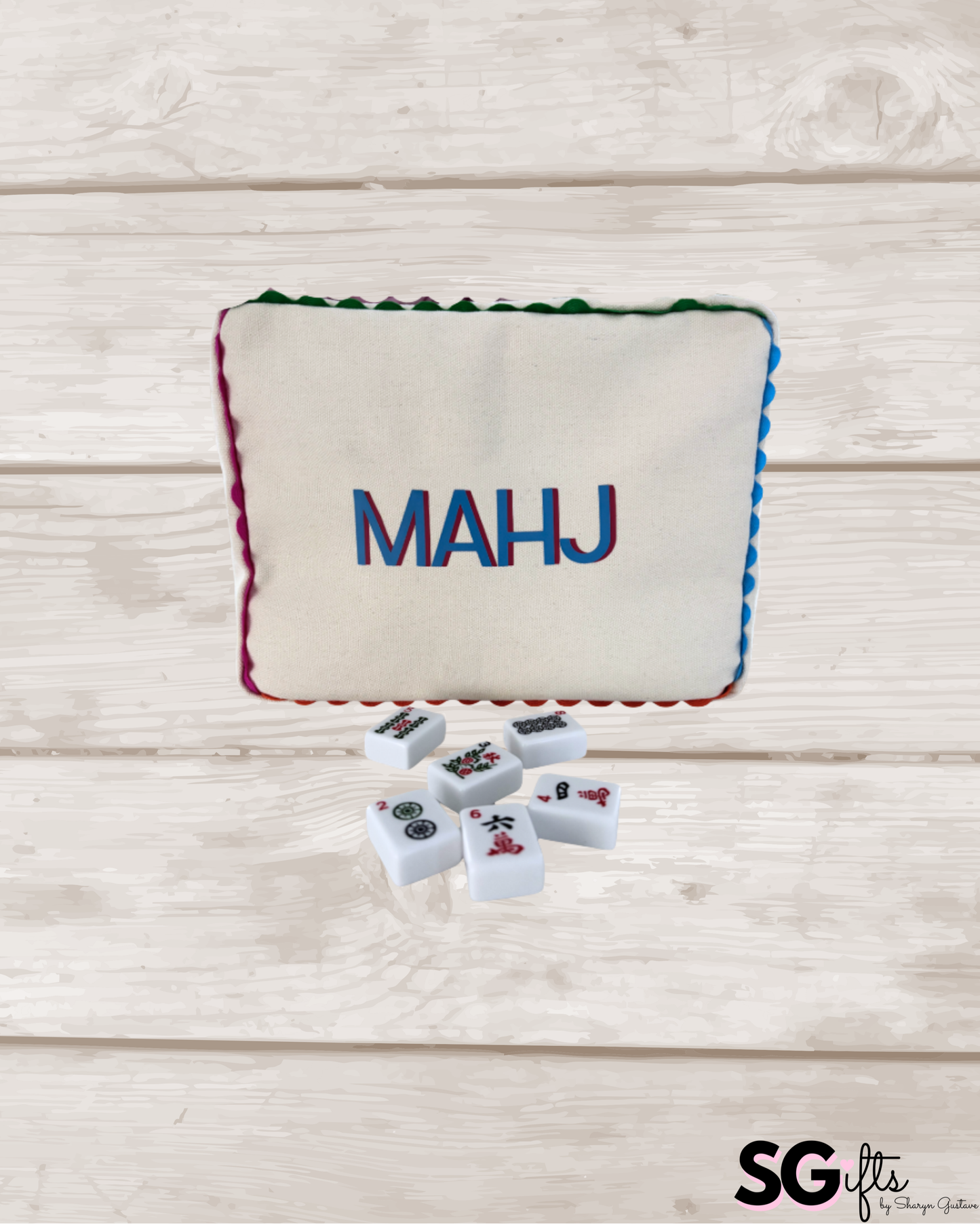 Ivory canvas mahjong tile bag with a full set of ivory mahjong tiles
