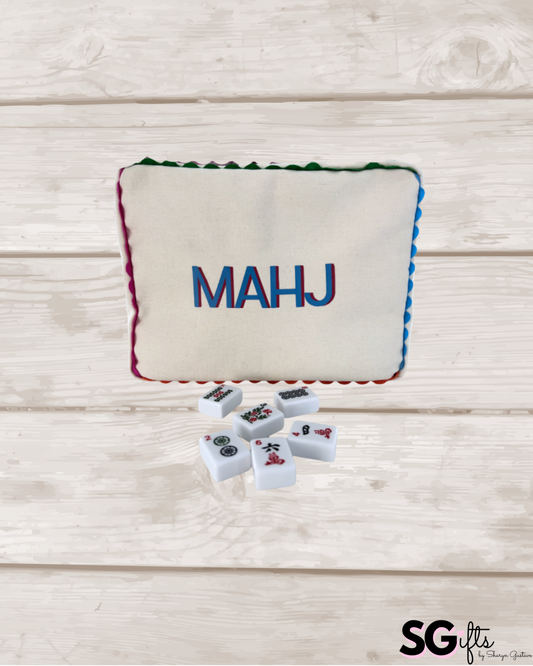 Ivory canvas mahjong tile bag with a full set of ivory mahjong tiles