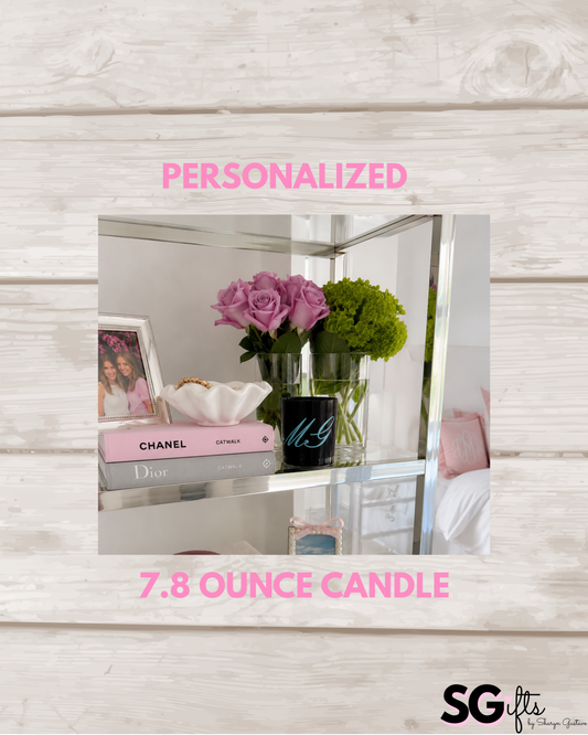 Personalized 7.8 ounce black candle- elegant monogram - bourbon amber