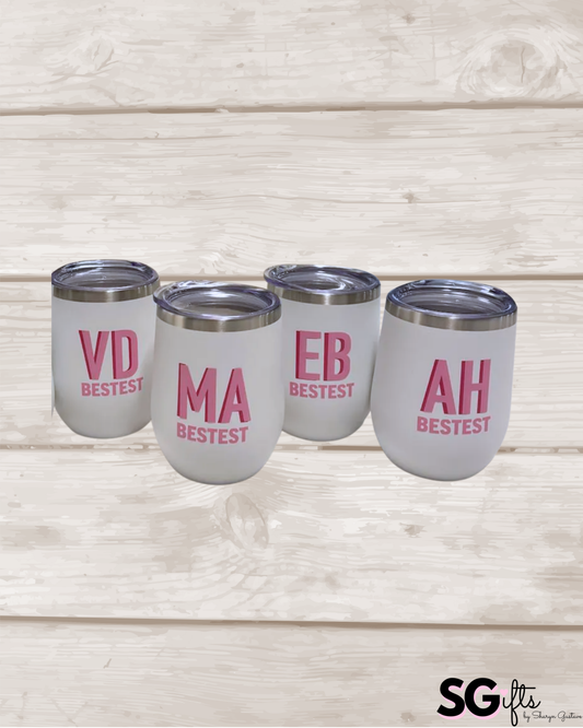 Personalized 12 ounce white stainless steel tumbler with lid / set of 4 - double letter monogram