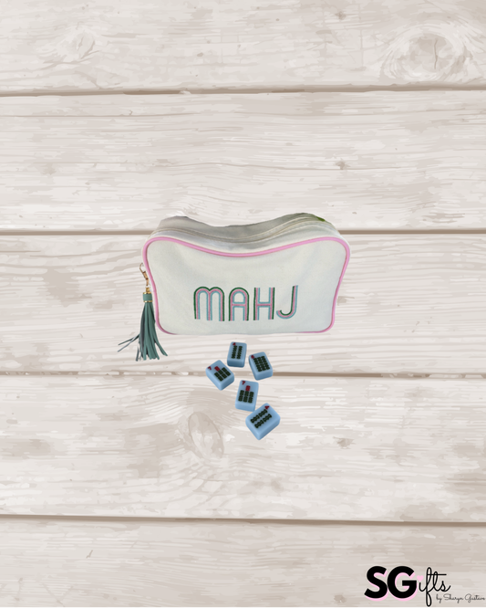 Ivory canvas mahjong tile bag with a full set of blue mahjong tiles