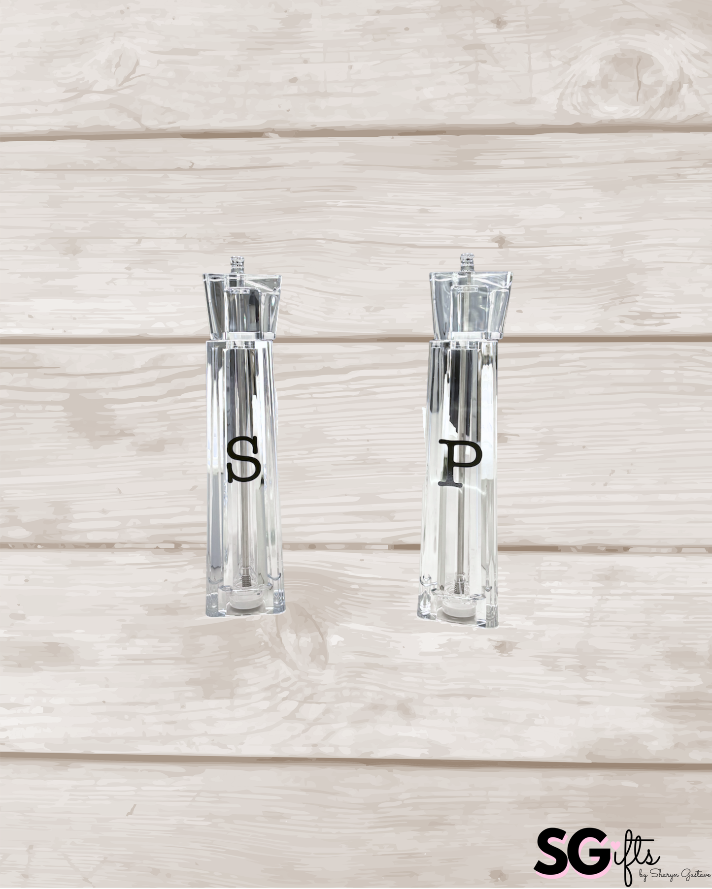 Personalized acrylic 12" salt and pepper shakers- black  - sold as set