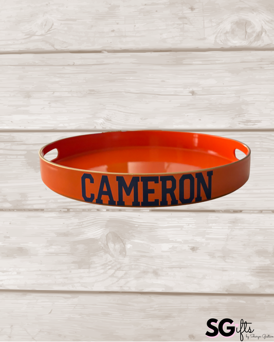 Pesonalized 13" opaque orange round tray with your name on the side