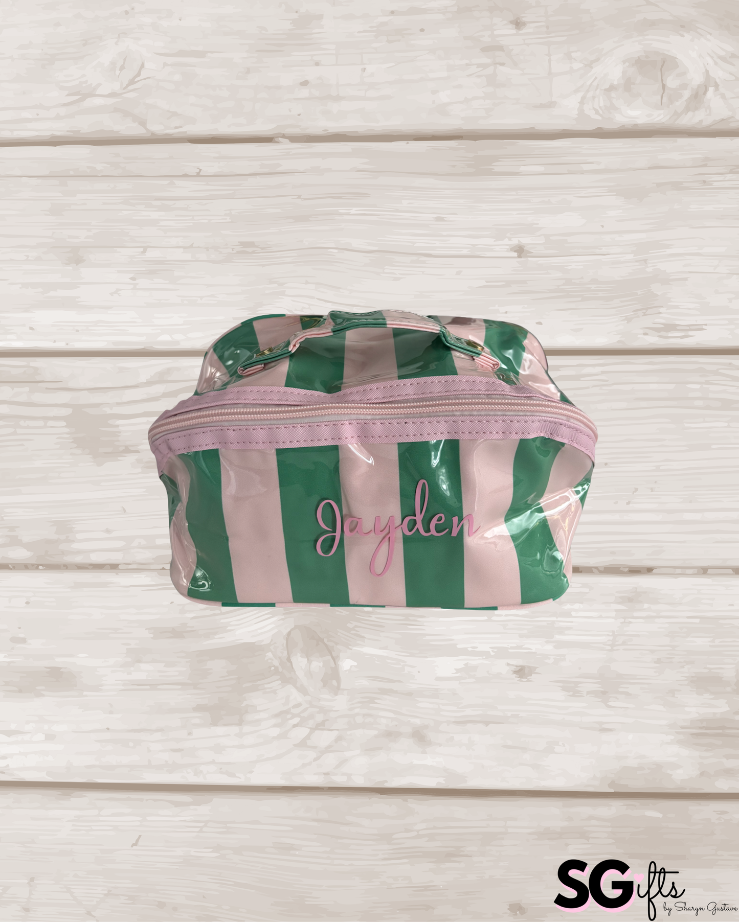 Personalized coated makeup bag with tassle closure- pale pink/green- large