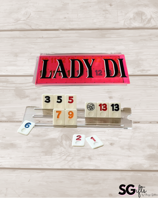 Personalized acrylic rummikub set - transparent hot pink