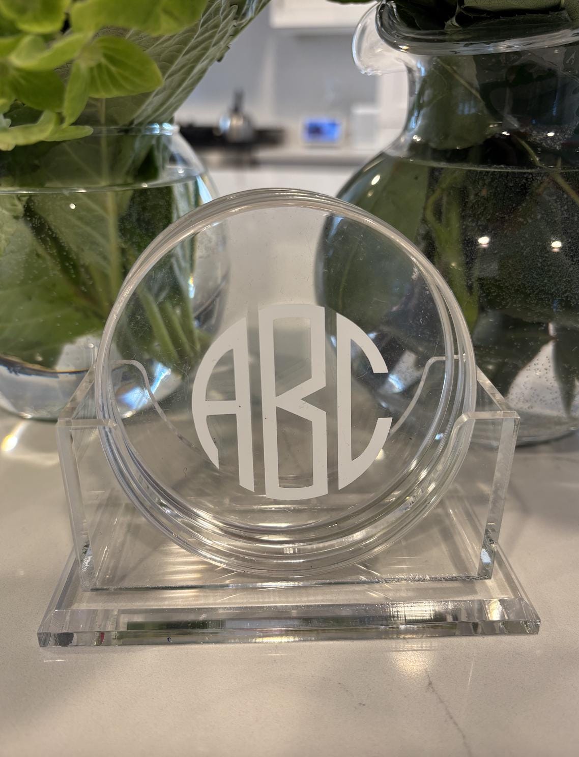 personalized 4" clear acrylic round modern monogrammed coasters - set of 4