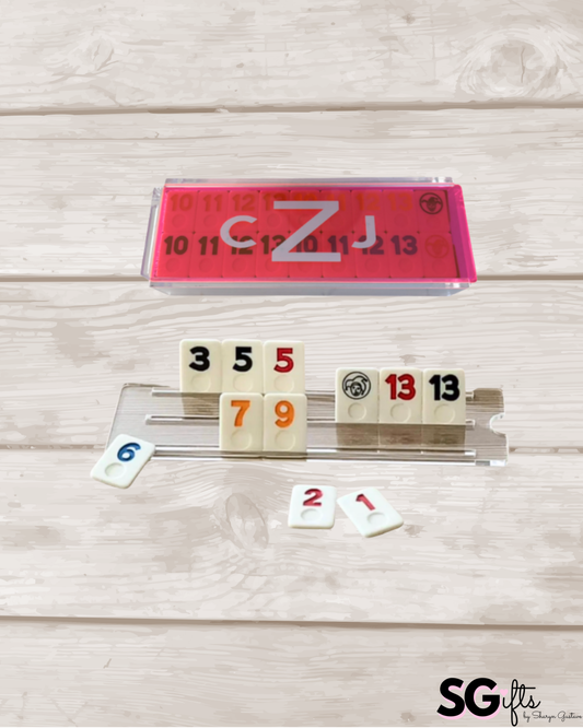 Personalized acrylic rummikub set - transparent hot pink