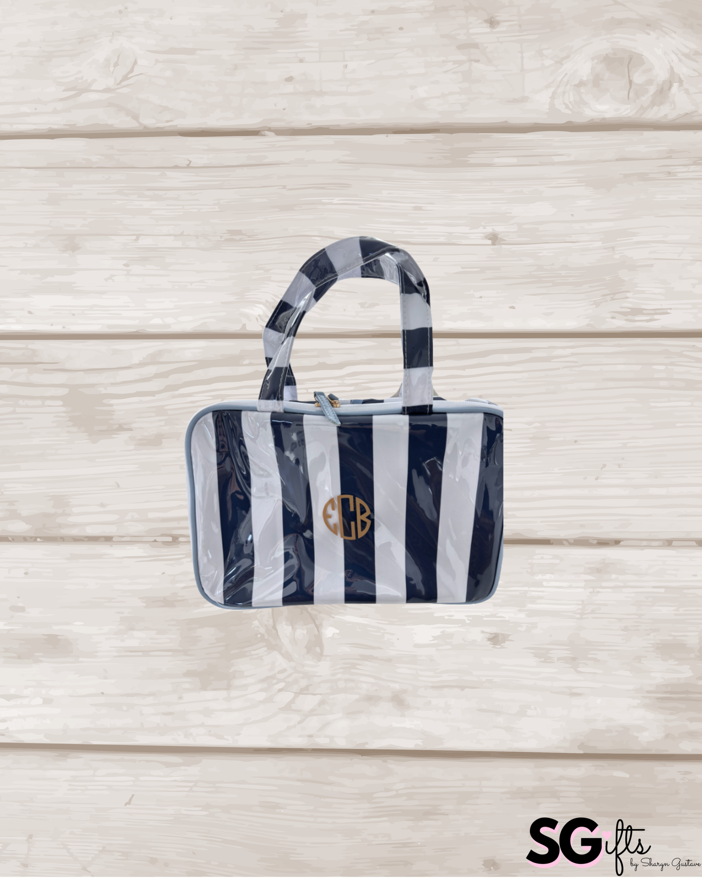 Personalized coated makeup bag with tassle closure- navy/white-  X large