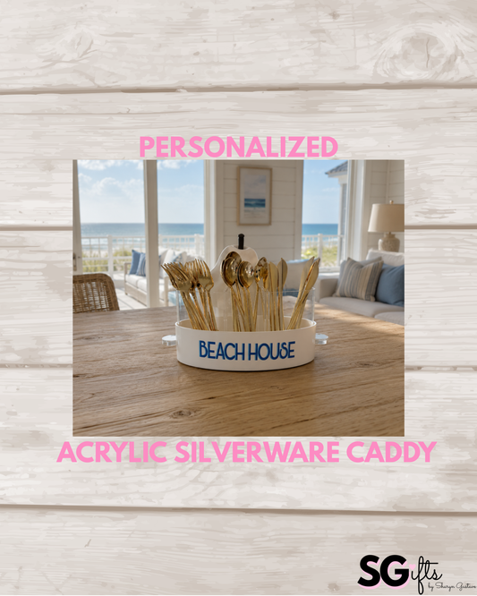 Personalized white and clear acrylic silverware caddy with 3 removable sections