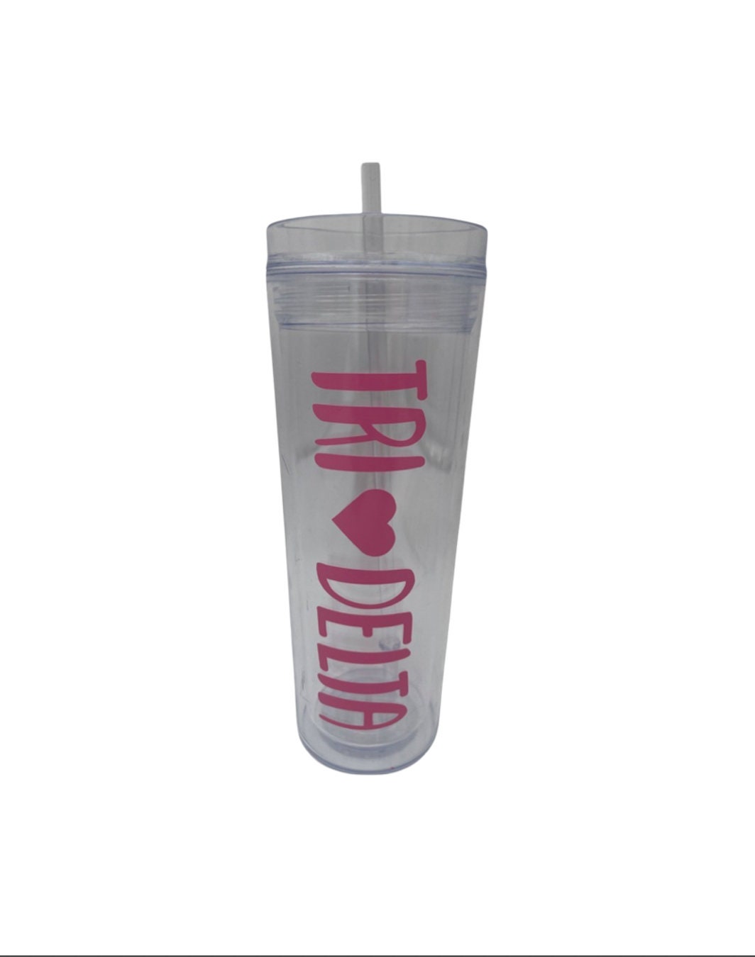 Personalized 18.5 ounce clear plastic bottle with straw- with your sorority on it / this one is Delta Delta Delta