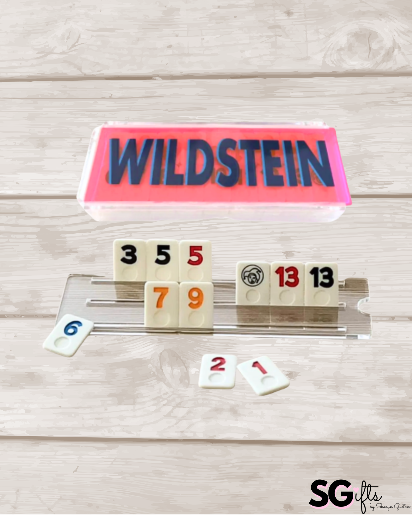 Personalized acrylic rummikub set - transparent hot pink 2 color name