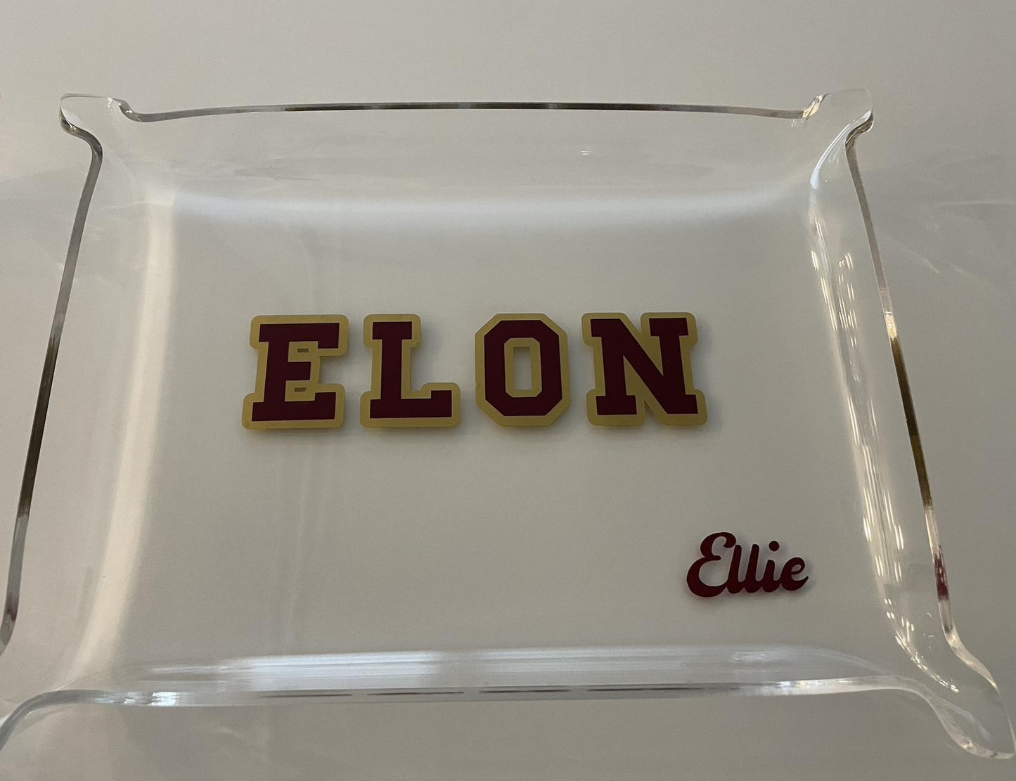 personalized 6" x 8" acrylic Pinch Tray with your college in bold permanent vinyl and your name