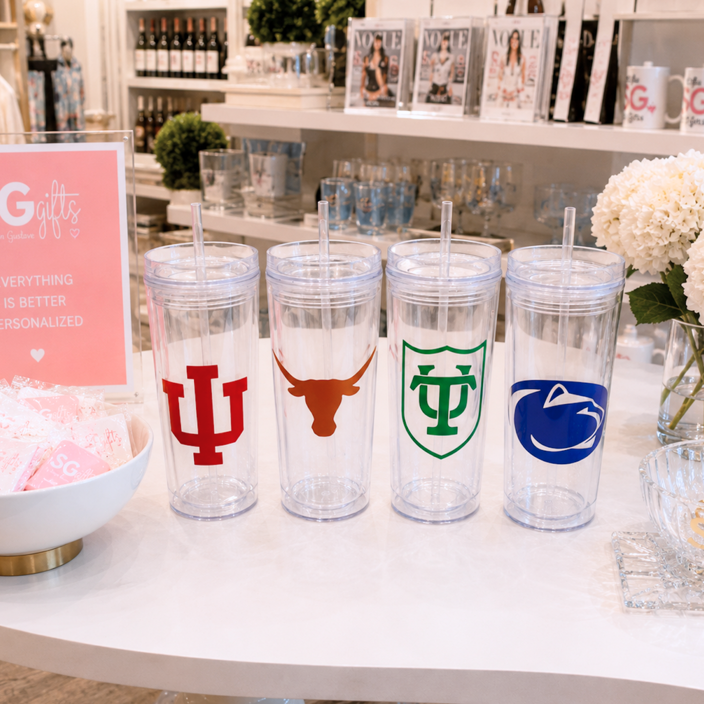 Personalized 19 ounce acrylic water bottle with a straw