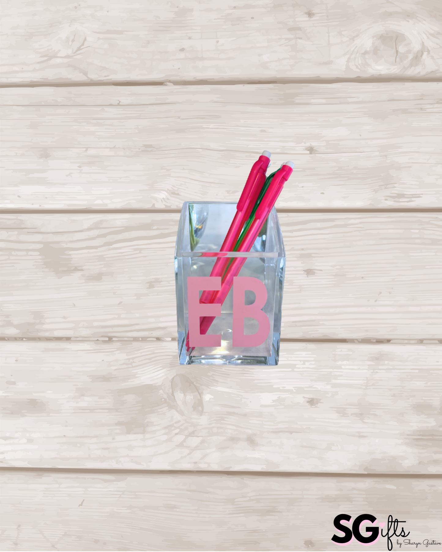 Personalized 2" x 3" acrylic pencil holder - 2 letter monogram