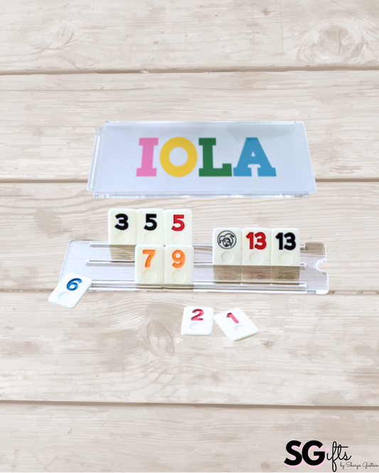 Personalized luxury acrylic rummikub set - custom name on opaque white lid