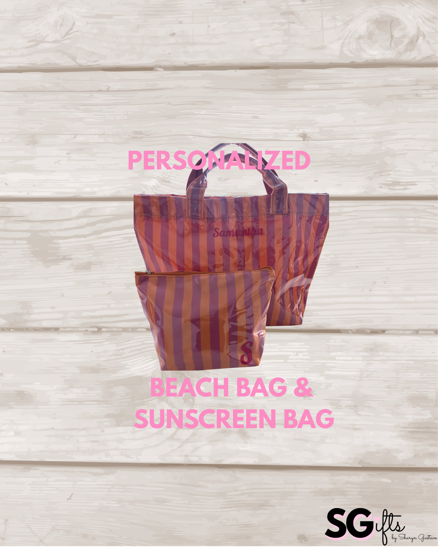 Personalized striped sunscreen and  beach bag bundle / waterproof pink/ orange