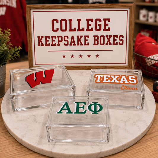 Personalized 4" x 6" clear acrylic catchall jewelry box with removable top- your sorority
