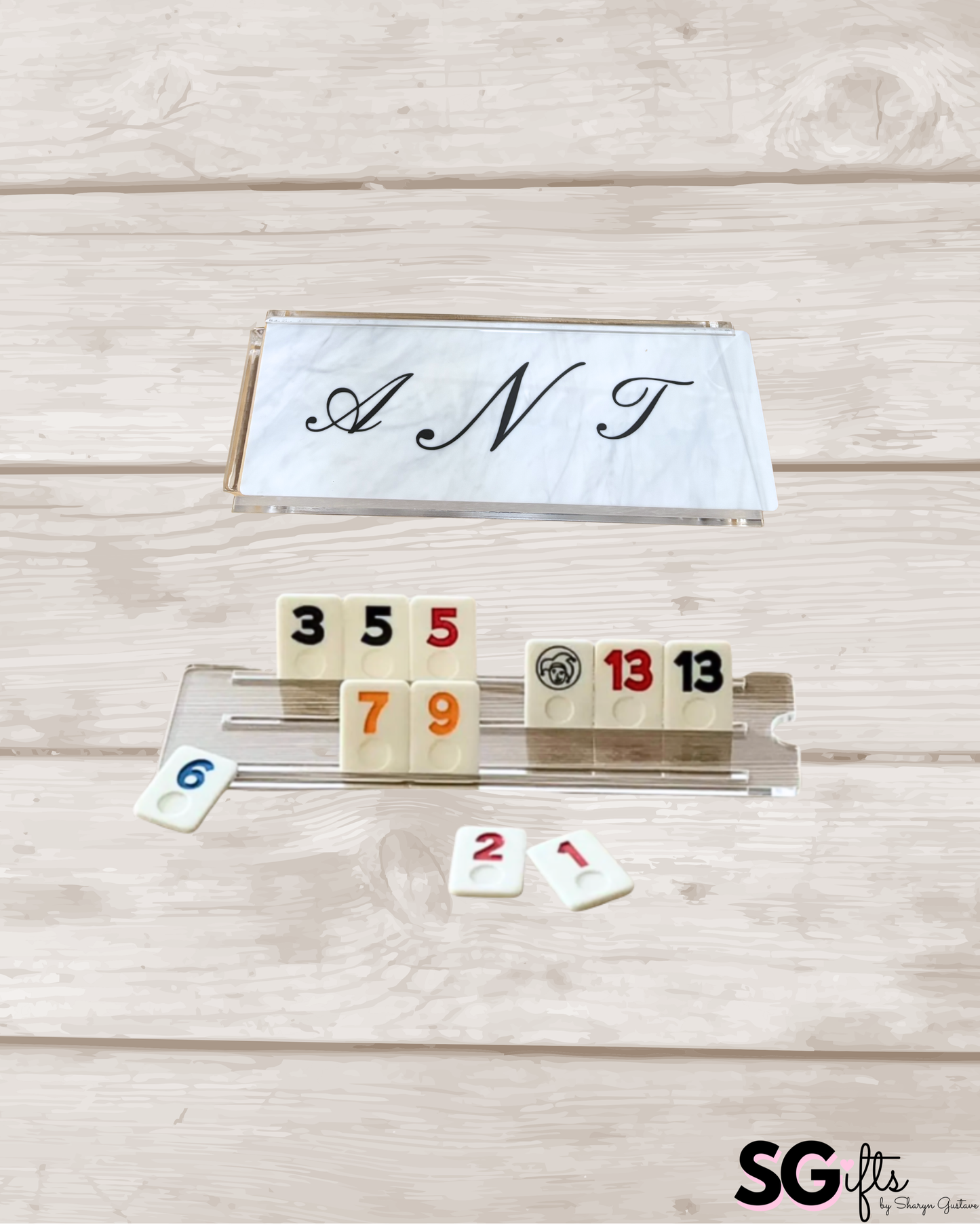 Personalized acrylic rummikub set -opaque white marble