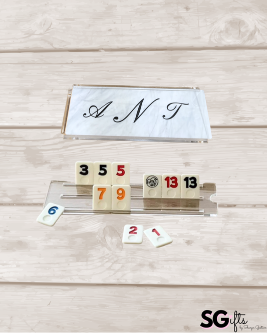 Personalized acrylic rummikub set -opaque white marble