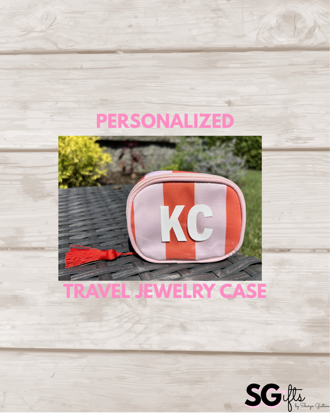 Personalized coated travel jewelry bag with tassel closure- pale pink / red